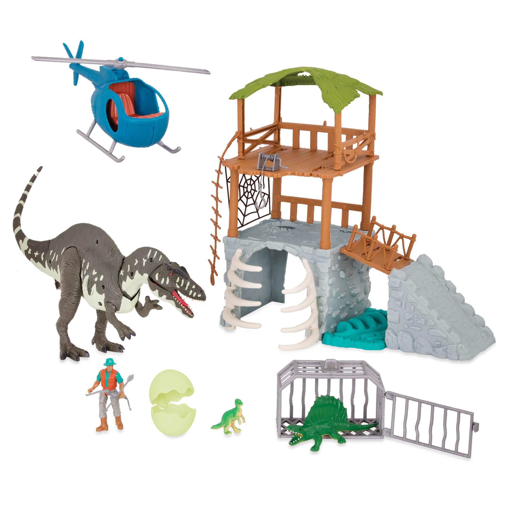 Terra by Battat – 13 Pieces Jungle Expedition Big Playset – Electronic Dinosaur with Light– Up Eyes – Movable Roaring Acrocanthosaurus & Helicopter with 2 Surprise Dinosaur Toys for 3+ Years