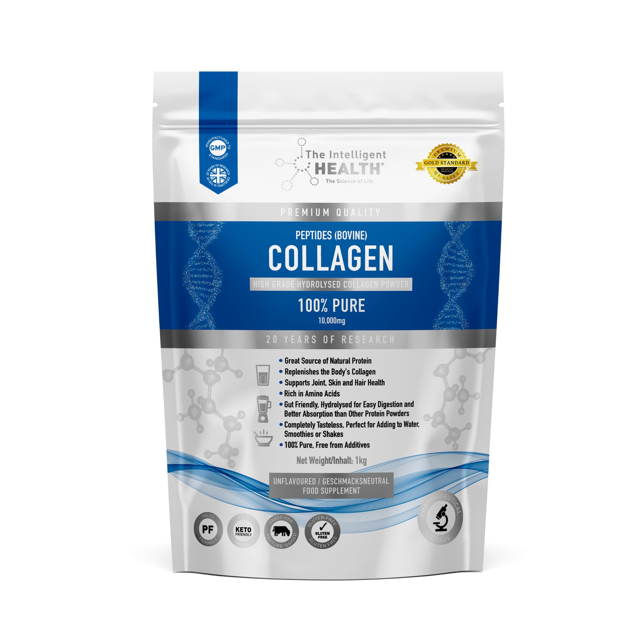 The Intelligent Health Collagen Powder, Hydrolysed Bovine Peptides, Unflavoured Protein Formula, Grass Fed, Collagen Supplement for Women & Men, 1kg