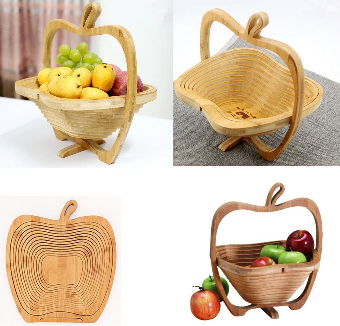 Collapsible Foldable Wood FRUIT BASKET Apple, Folding Bamboo Fruit Bowl