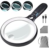 Large Magnifying Glass with 37 LED Light, 10X 20X 45X Handheld Illuminated Lighted Magnifier with 3 Light Modes Rechargeable 