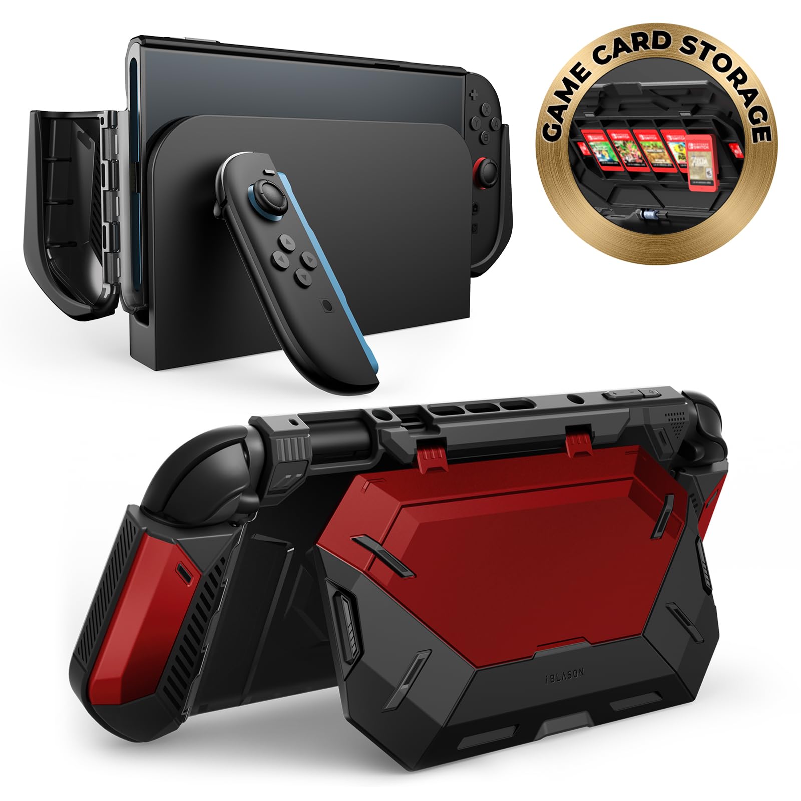 i-Blason Dockable for Nintendo Switch 2 Case with Stand [Game Card Storage] [All-in-One Grip Case] [Convenient Foldable Joycon Holder] Comfortable Ergonomic Grip Protective Cover for Switch 2, Red