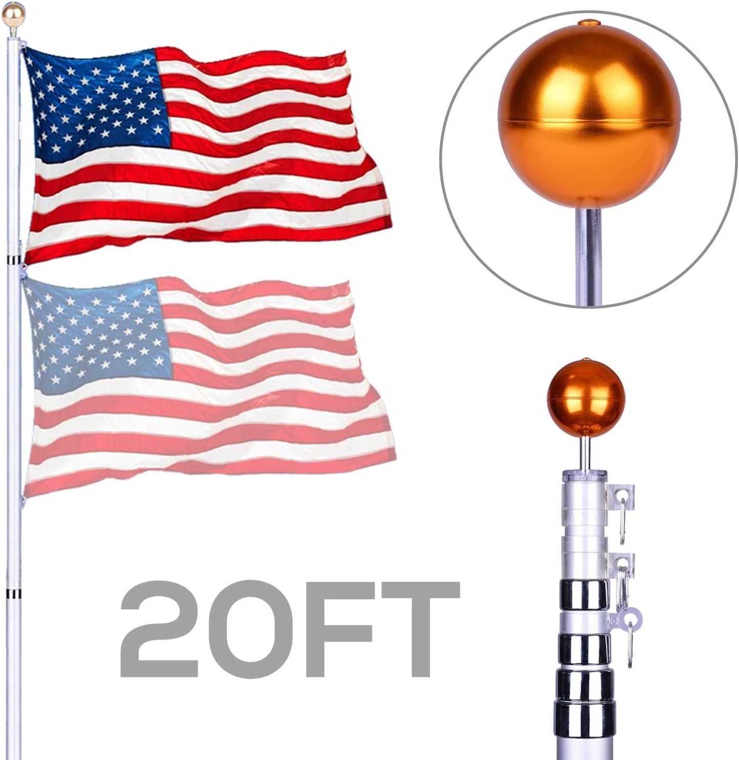 Pole Flag Telescopic ft Charahome With Garden Commercial Outdoor For Top Ball Golden Poles Flag Gauge 16 Duty Heavy Flags 2 Fly Kit Flagpole Flag Aluminum America 3x5 Flagpole Hardware Outdoor Decor No Minimum