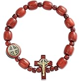 Catholica Shop - Catholic Religious Wear Elasticated Saint Benedict Bracelet Wooden Beads Decade Rosary Stretchable Bracelet for Men and Women
