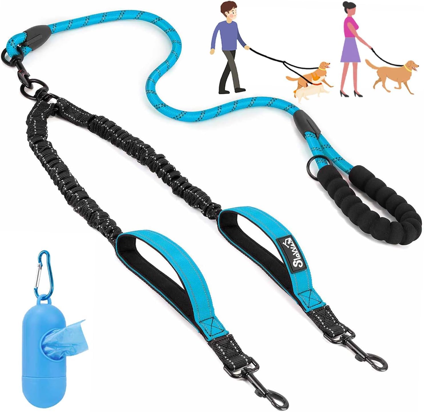 SlowTon Double Dog Lead for Walking 2 dogs No Tangle - 360° Swivel Heavy Duty Reflective Adjustable Dual Splitter with Soft Padded Handle, Comfortable Shock Absorbing Leash for Small Medium Dogs — image 1