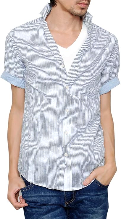 Amazon ガルバナイズ Galvanize メンズ 綿麻スキッパー半袖シワ加工ブロードシャツ チェックシャツ カジュアルシャツ ギンガムチェック ネイビー ストライプ リネンシャツ メンズ 半袖 クリンクルシャツ ブラック 46 Mサイズ シャツ 通販