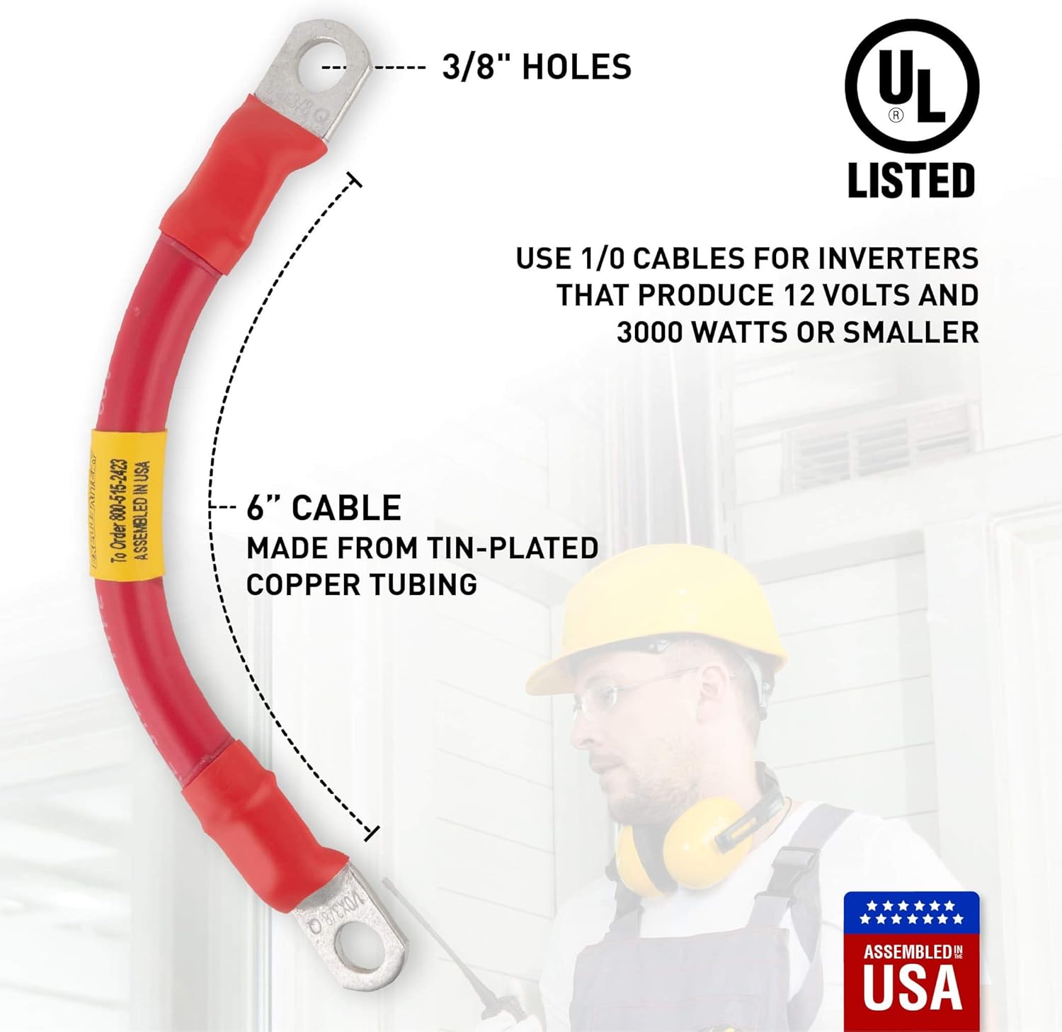 Exell Battery 1/0 AWG Interconnecting Copper Cable, 6-Inch Length with 3/8-Inch Lugs (Red): Automotive