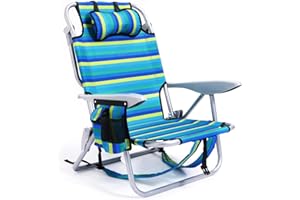 Canpsky Portable Beach Chair for Adults, Outdoor Camping Chair Lay Flat Folding Backpack Beach Reclining Chair with 5 Positions, Headrest, Cup Holder, Heavy Ocean Striped
