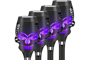 Liveasily 4 Pack Solar Torch Skull Light with Flickering Flame, Outdoor Waterproof Solar Halloween Skull Lights Decorations, Solar Torches Landscape Path Lights for Halloween Decor (Purple)