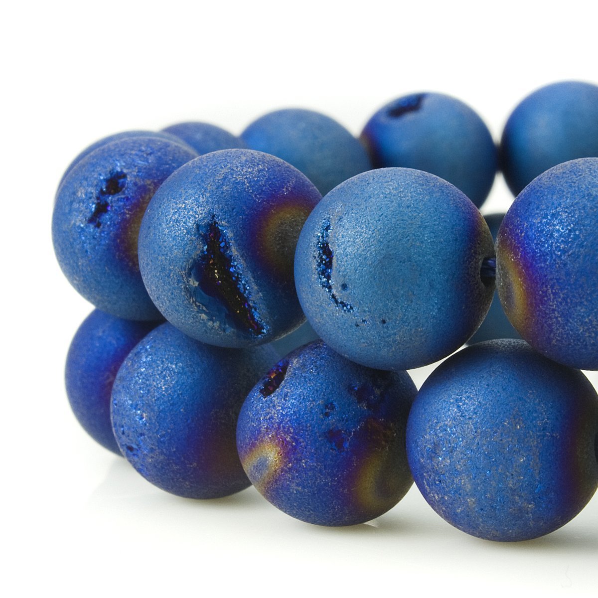 RUBYCA Round Dyed Electroplated Druzy Agate Quartz Crystal Gemstone Beads (1 Strand, Blue, 10mm)