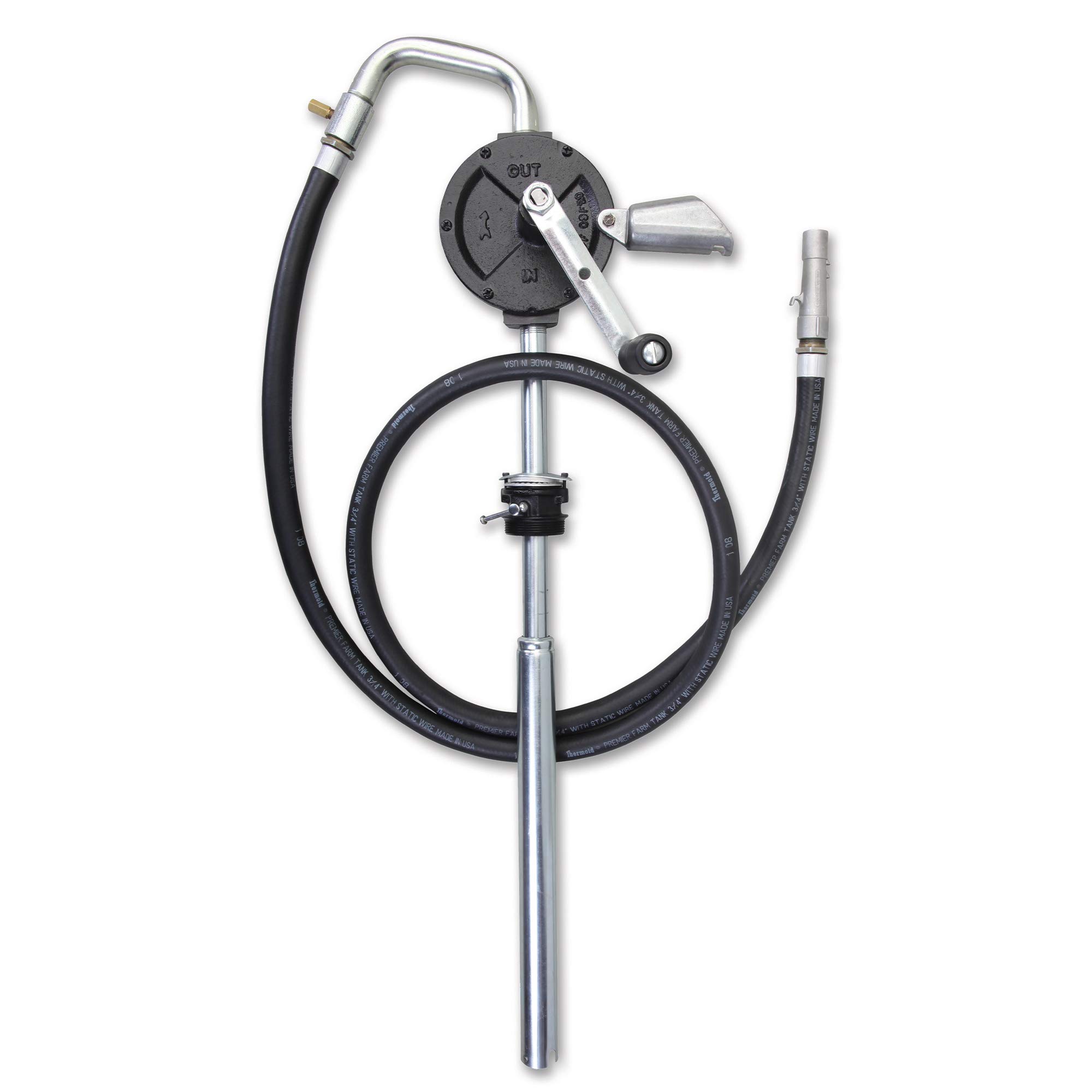 Groz Heavy Duty 10 GPM Rotary Vane Manual Fuel Transfer Pump for extreme weather conditions | 8-Ft Anti-Static Hose, Non-Sparking Nozzle, Holder, Vacuum Breaker & Flame Arrestor | FM Approved #44082