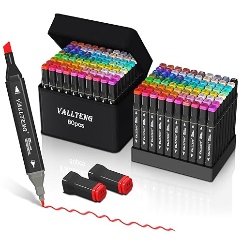 Vallteng 80 Colored Marker Set, Colouring Pens, Alcohol Markers, Double Tipped Graphic Art Pens for Adults, Permanent Markers Pens with Black Box and Case