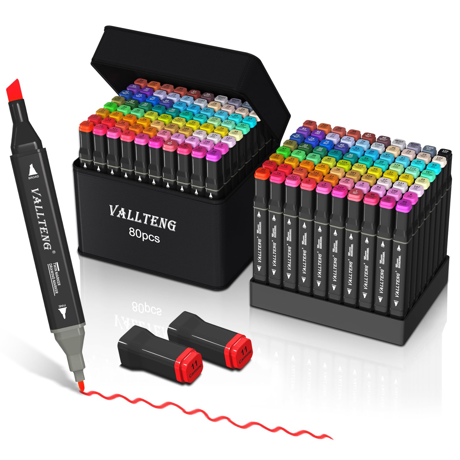 Vallteng Alcohol Markers Set 80 Colours,Dual Tips Colouring Pens for Adults,Permanent Art Markers Set for Drawing Coloring Illustration Graphic Designing with Carrying Case and Base