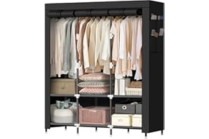 LOKEME Portable Closet, Portable Closets for Hanging Clothes with 3 Hanging Rods and 6 Storage Shelves, Black Closet, Easy to Assemble Wardrobe Closet with 4 Side Pockets