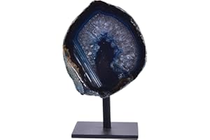 AMOYSTONE 1PC Blue Agate Stone Ornaments Irregular Healing Crystal Home Decor with Iron Stand for Gifts