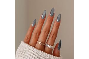 XENOPHOER Cat Eye Press on Nails Medium Almond Purple Fake Nails Acrylic Glue on Nails with Silver Glitter Designs Nails Press ons for Women Daily Wear 24 Pcs