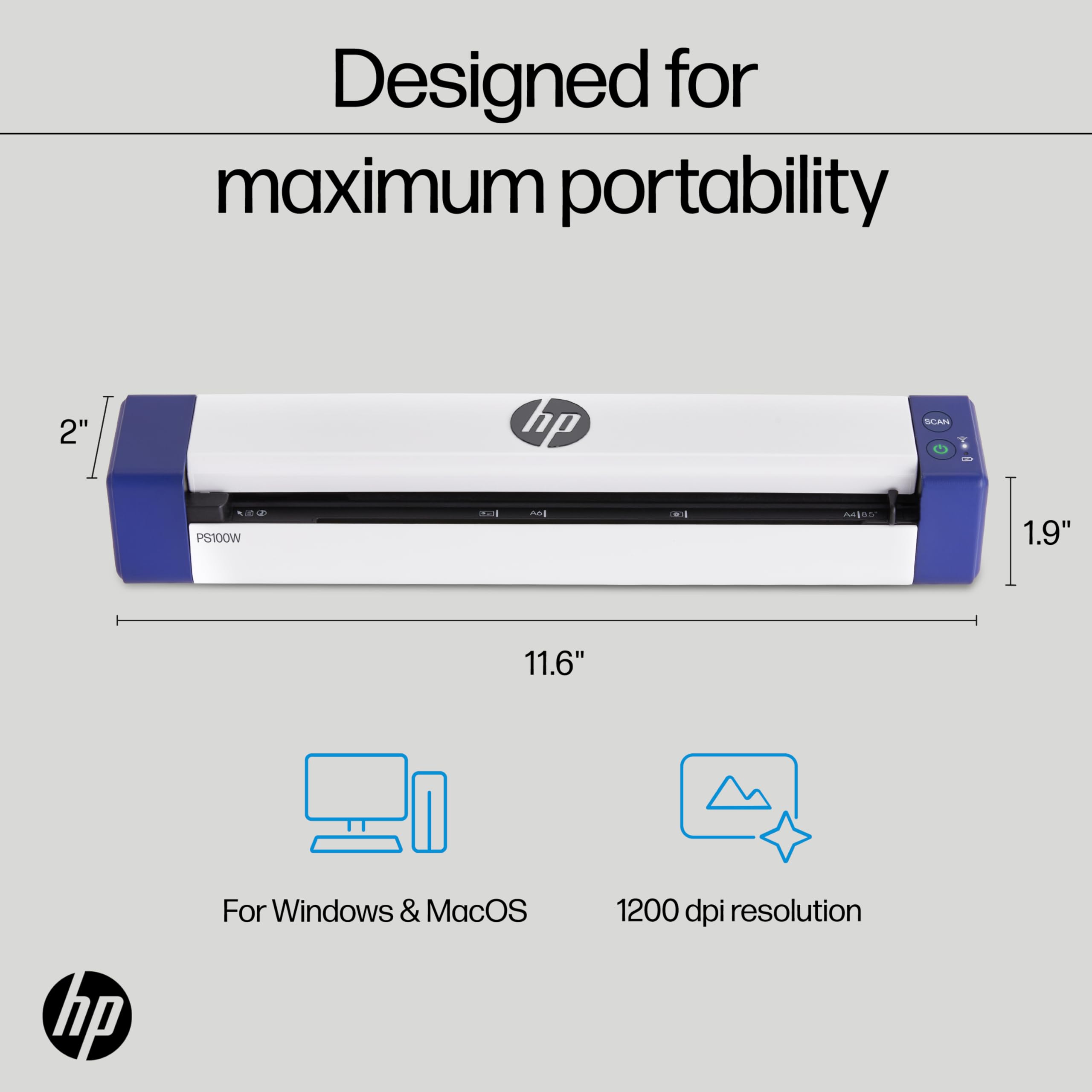 HP PS100W Portable Document Scanner | Compact, Portable, Wireless, 1-Sided Simplex Digital Scanner for Home & Office | Rechargeable, USB & Wi-Fi Direct, Compatible with Mac & Windows PC and Laptop