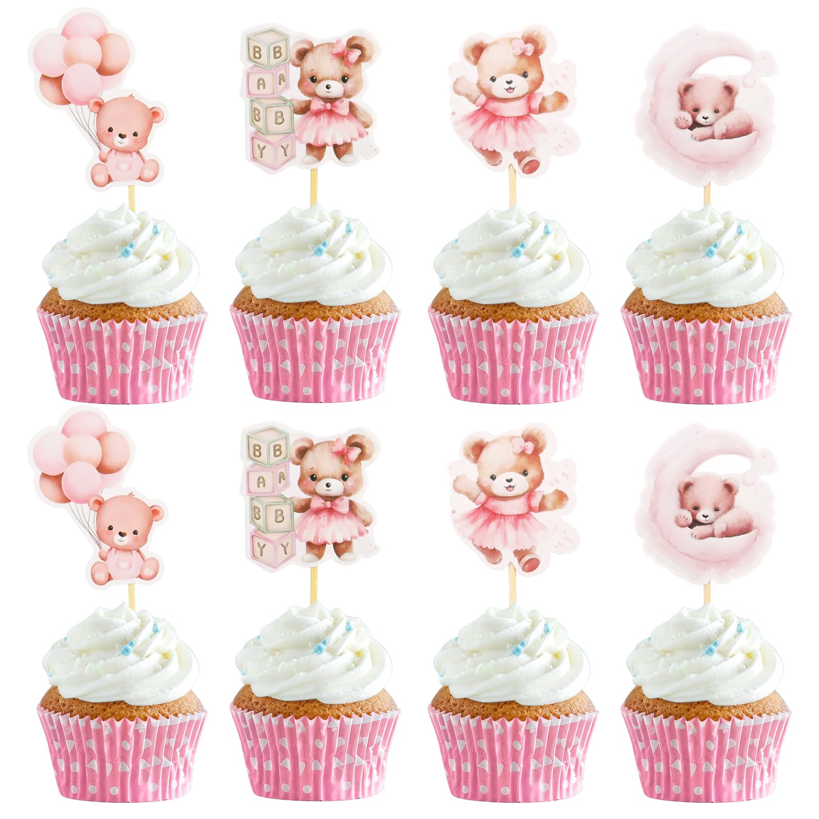 Photo 1 of 24 PCS Pink Bear Cupcake Toppers We Can Bearly Wait Cupcake Toppers for Teddy Bear Themed Birthday Party Gender Reveal Party Supplies