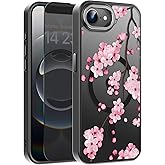FUNMIKO for iPhone 16e Case with Privacy Screen Protector, Wireless Charging Compatible,Shockproof Translucent Matte Cover - Cute Floral Design Phone Case for Women Girls - Blooming Cherry