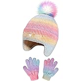 Girls Winter Hat and Gloves Set, Kids Cat Embroidered Knit Beanie with Earflaps Fleece Lined Pom Pom Ski Cap for 2-10Y