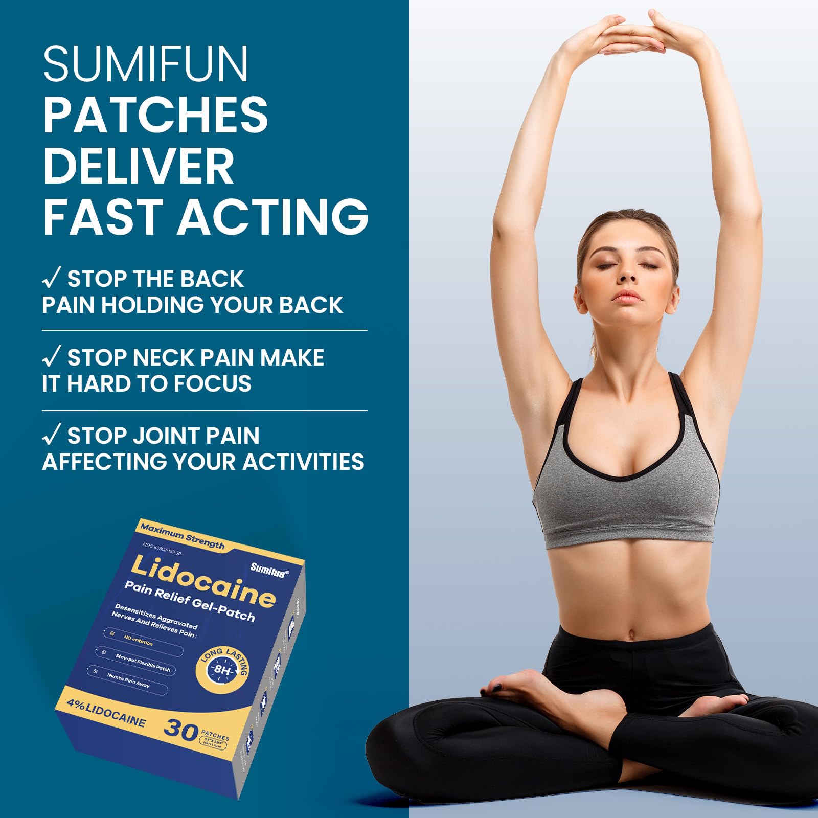 Sumifun 4% Lidocaine Pain Relief Patches 30 Count Maximum Strength Numbing Gel Patch for Back Knee Neck Joint Ache Muscle Soreness Topical Analgesic FSA or HSA Eligible