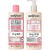 Soap &amp; Glory Original Pink The Righteous Butter Moisturizing Body Lotion Pump (500ml) and Clean On Me Moisturizing Body Wash (500ml) - Unisex Rose &amp; Bergamot Scented Cleanser &amp; Lotion for Dry Skin