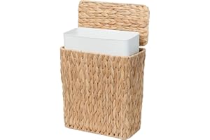 Coeusy 3 Gallon Wicker Trash Can,Small Bathroom Trash Can with Lid,Natural Water Hyacinth Wicker Waste Basket for Bedroom,Toilet,Narrow Garbage Can with Removable Liner