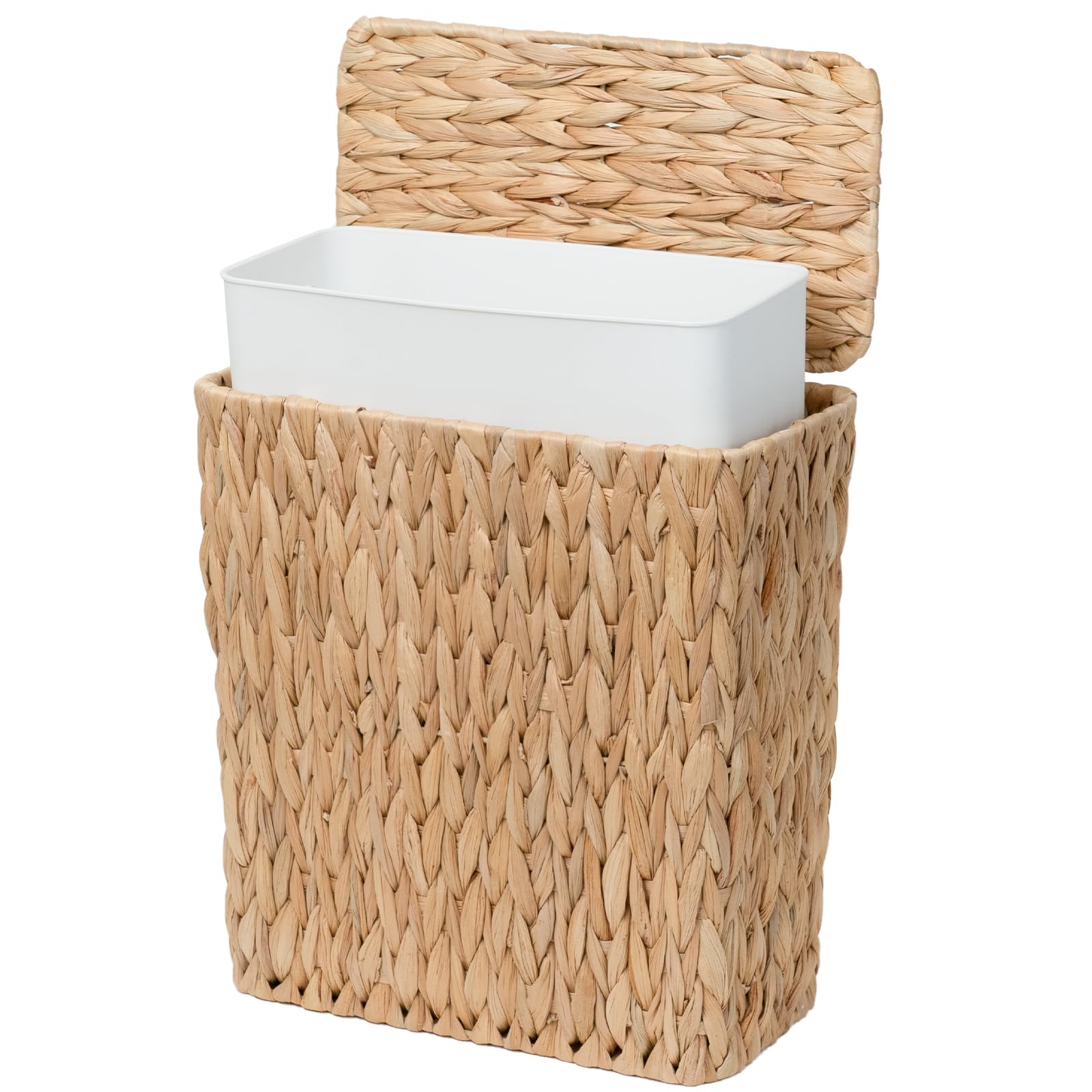 Photo 1 of Coeusy 3 Gallon Wicker Trash Can,Small Bathroom Trash Can with Lid,Natural Water Hyacinth Wicker Waste Basket for Bedroom,Toilet,Narrow Garbage Can with Removable Liner