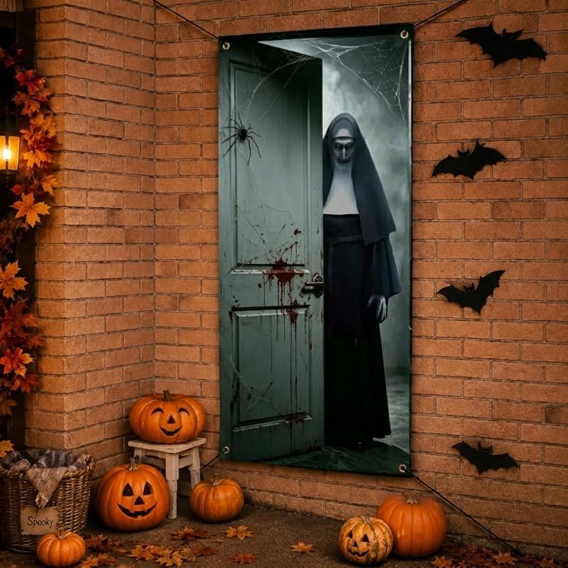 Banner de Puerta de Halloween Aterrador 180 x 90 cm, Decoración de Puerta de Horror para Fiesta (Monja Blanca)