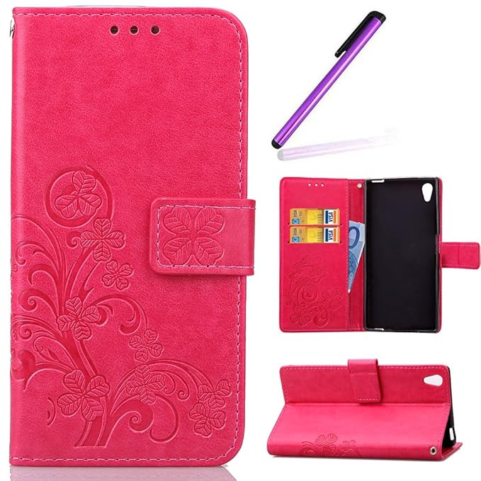 HMTECH Sony Xperia XA Hülle Lucky Clover Blumen Prägung Flip Leder Brieftasche Standfunktion Karten Slot Magnetverschluß Tasc
