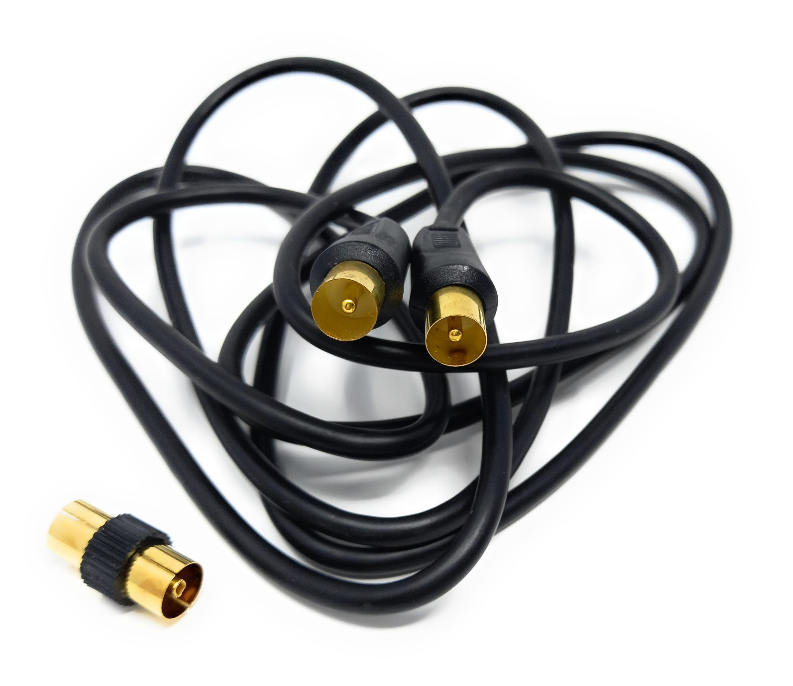 DRUT 2m TV RF Male to Male Aerial Antenna Coaxial Cable With Female to Female Coupler, Gold Connectors 75 ohm, 3C2V 6.5ft Black