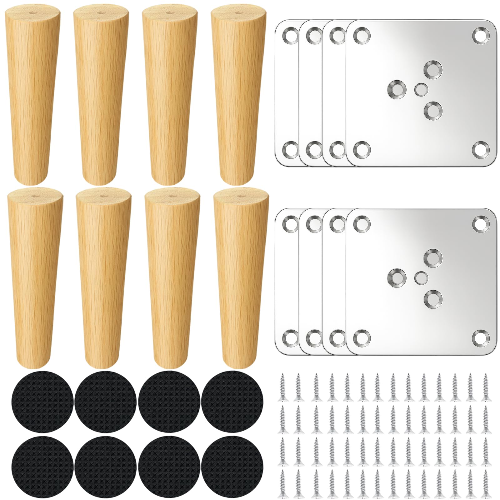 JinPhon Set of 8 Solid Oak Furniture Legs 15cm, Scandinavian Style Angled Wooden Feet for Sofa, Cabinet, Sideboard, DIY Upcycling Projects with Complete Fitting Kit