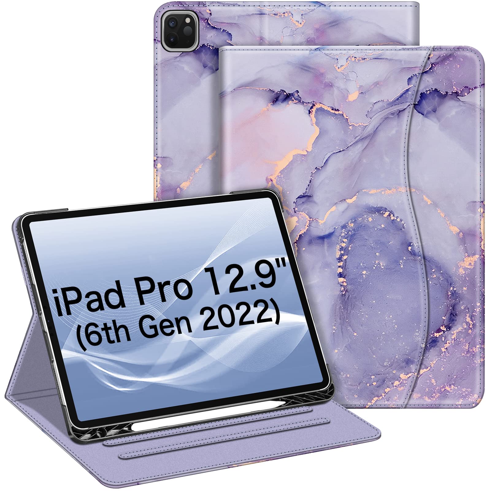 FINTIE Case Compatible with iPad Pro 12.9 inch (2022/2021/2020/2018, 6th/5th/4th/3rd Generation), Multi-Angle Smart Stand Cover w/Pencil Holder & Pocket, Auto Sleep/Wake, Lilac Marble