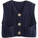 Wyeysyt Womens Sleeveless Crop Knit Cardigan Casual Button Down Cropped Knitted Sweater Vest with Pockets(Navy-L)