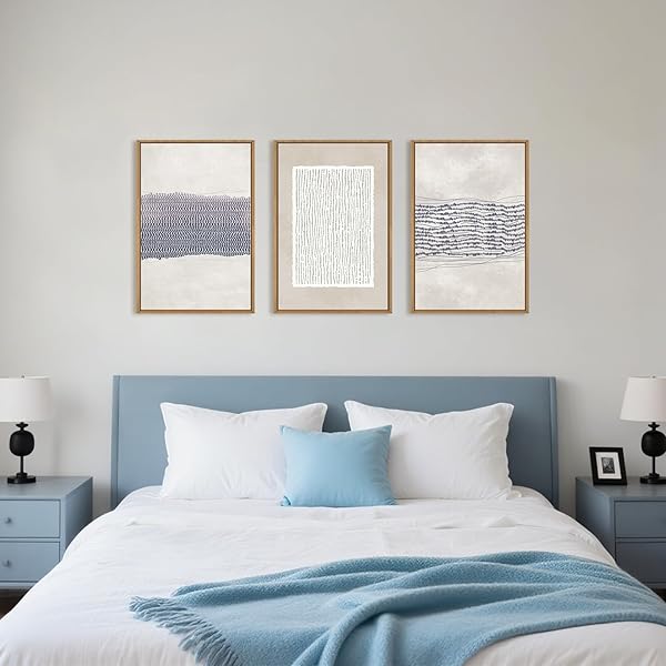 HOURIA BLUE WHITE ABSTRACT NEUTRAL FRAMED CANVAS WALL ART SET,MINIMALIST BOHO WAVES LINES WALL DECOR,MODERN GEOMETRIC SHAPES PRINT,MID CENTURY GRUNGE ARTWORK FOR LIVING ROOM,BEDROOM,OFFICE- 16″X24″X3