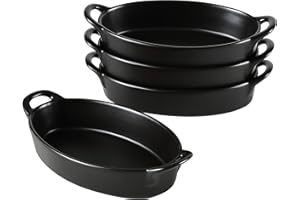 Bruntmor 8" x 5" Oval Porcelain Ceramic Deep Dish Pie Pan Set of 4, Double Handle Au Gratin Baking Dishes, Oven Safe Roasting Lasagna Pan For kitchen- Black