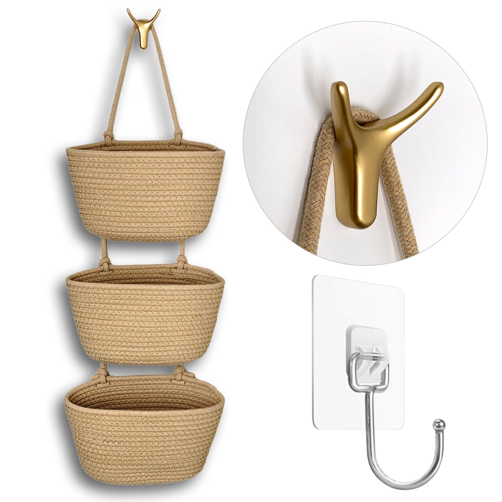 Photo 1 of 3-Tier Decorative Cotton Rope Hanging Basket, Wall-Mounted Woven Storage Organizer Bag, Jute