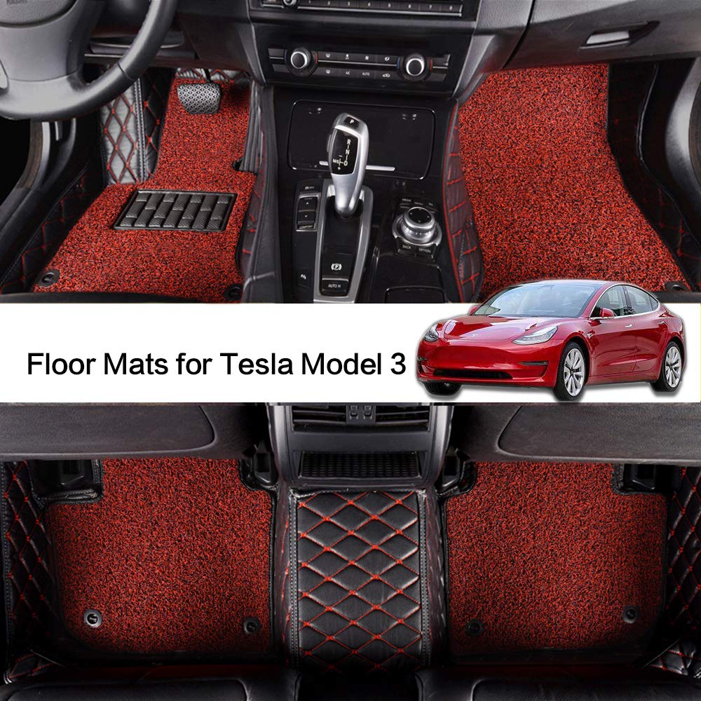 Aoymei Floor Mats For 2019 Tesla Model 3 Custom Fit All Weather Heavy Duty Black Rubber Waterproof Easy Install Car Floor Mats Red 2