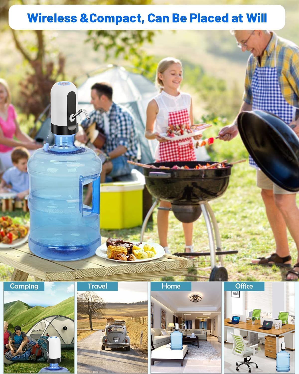 Myvision Water Dispenser for 5 Gallon Bottle,Portable USB Charging Electric Water Pump, Drinking Water Jug Pump for Home, Kitchen, Living Room, Office,Camping,Universal for 3-5 Gallon (White)