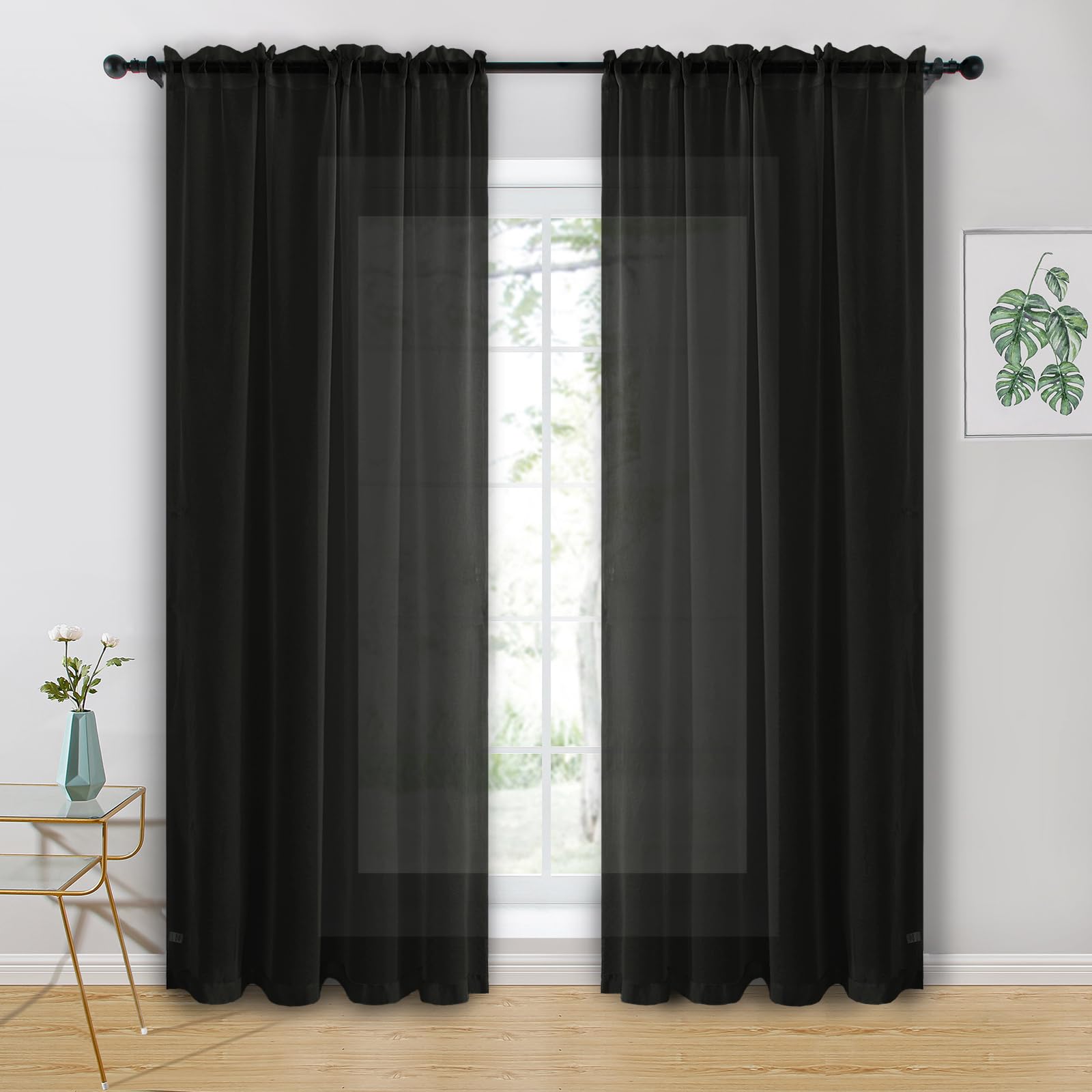 Hiasan Black Sheer Curtains for Living Room Net Curtains for Window Voile Curtain for Bedroom With Tiebacks 55 X 72 Inch drop 2 Panels Rod Pocket Top
