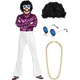 Eurzom Disco Costume Set Including Men's Disco Shiny Shirt Pant Funky Afro Wig Necklace Sunglasses for 60/70/80/90s Party