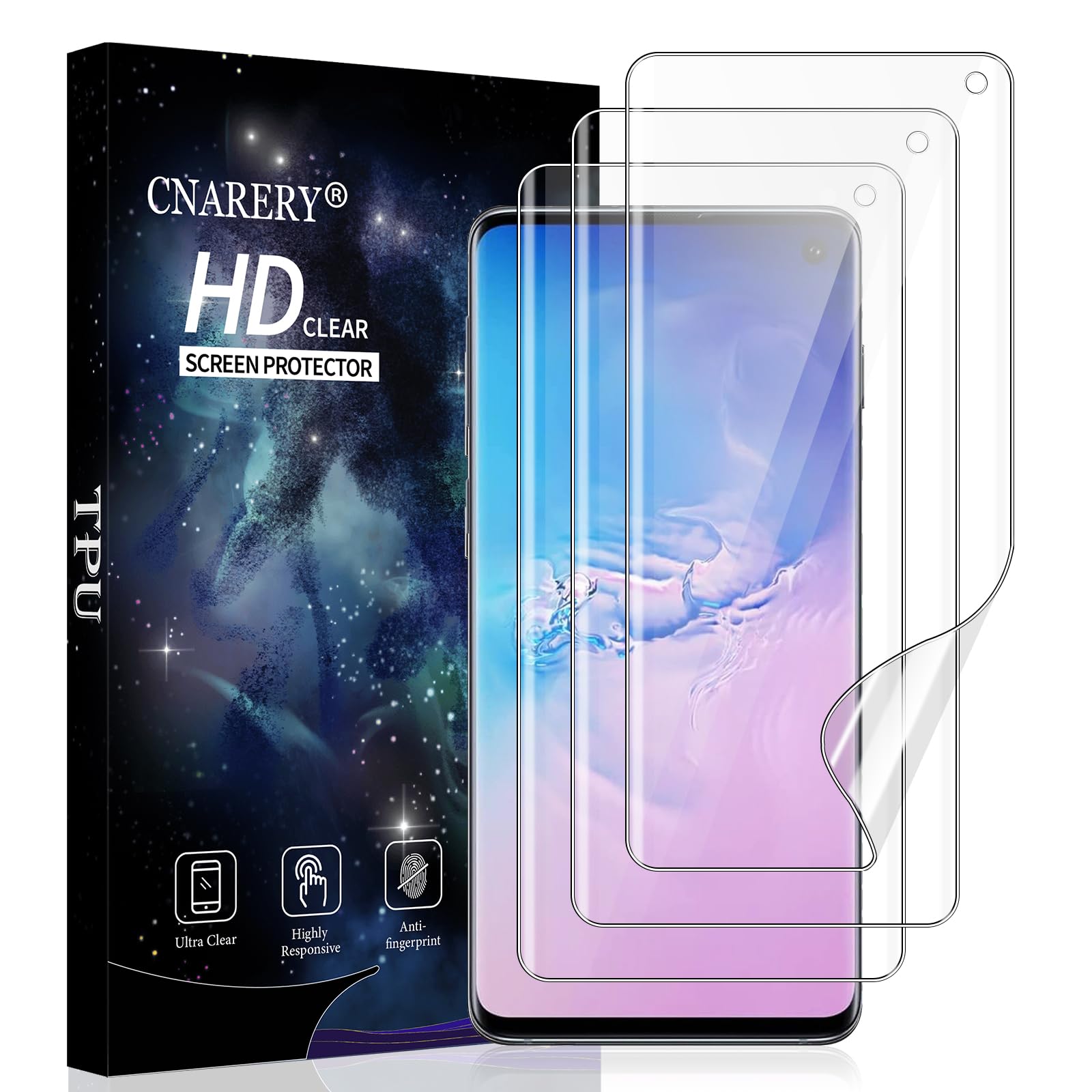 Photo 1 of Cnarery 3 Pack Screen Protector for Samsung Galaxy S10 [Not Glass], Support Fingerprint Flexible TPU Film, Touch Sensitive, Anti-Scratch, 3D Curved Full Coverage