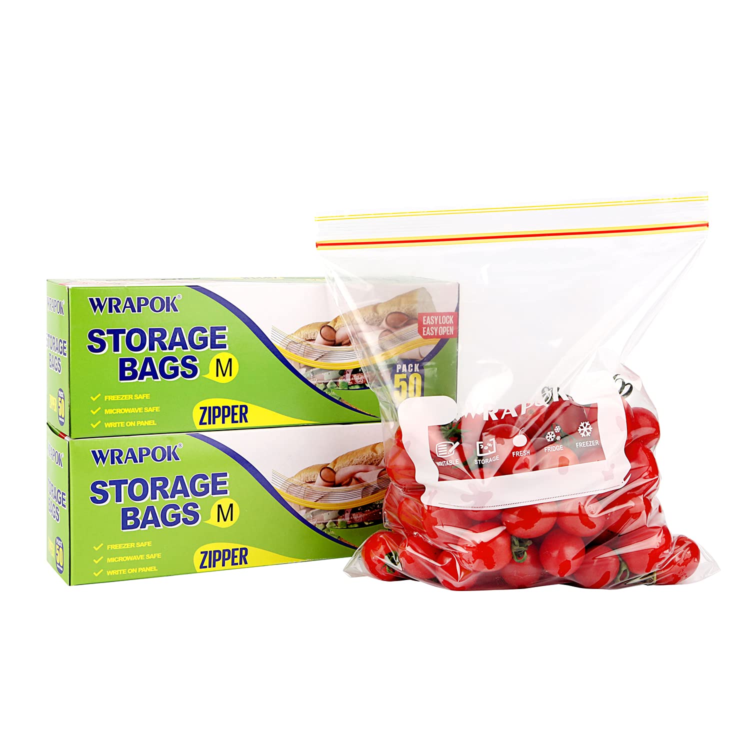 WRAPOK Medium Freezer Bags Ziplock Reusable Sandwich Plastic Food Bags - 9.8 x 8.7 Inch (100 Count)