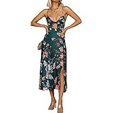Fashionme Women Spaghetti Strap Midi Satin Dresses Tie Front Backless Slit Cutout Dress Semi-Formal/Casual Flowy Lightweight