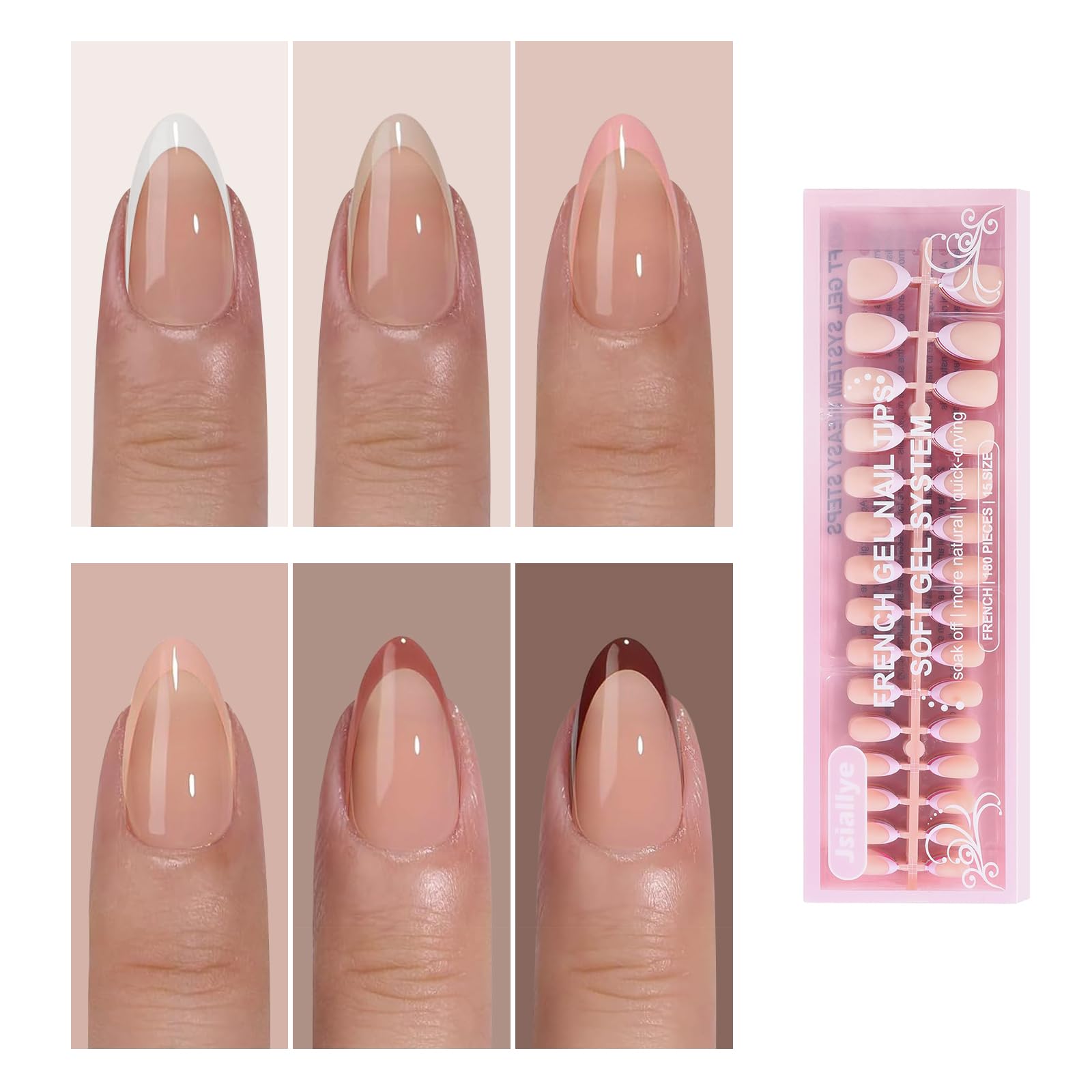 Jsiallye 6 Packs 180pcs French Tip Press on Nails Short Almond - French Soft Tip Nails Gel Pre-shaped No File Need,Soak Off Acrylic Fake Nails Extensions for Women Nail Art DIY 15 Sizes