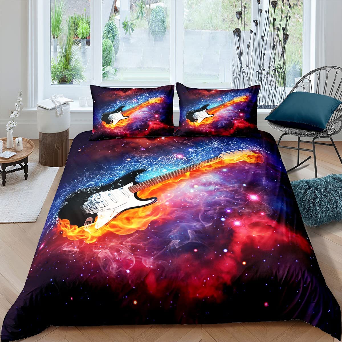 Rock Guitar Duvet Cover Single Size,Hip Hop Music Theme Bedding Set For Kids Boys Girls Teens Colorful Nebulas Sky Starry Comforter Cover Trippy Ice Fire Quilt Cover With 1 Pillow Case — image 1