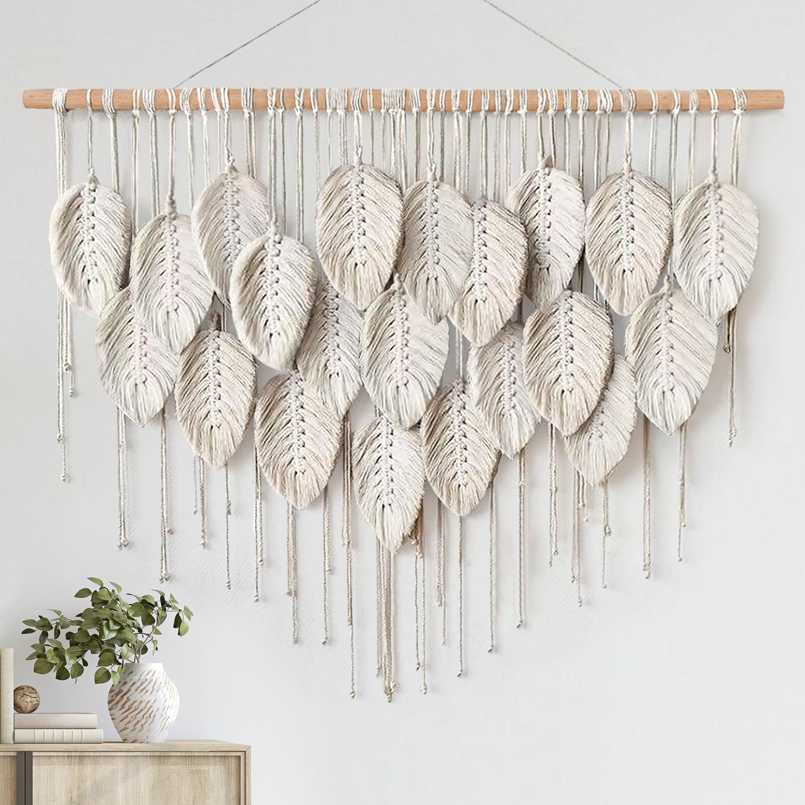 ASTNIC Macrame Wall Hanging Leaf Tapestry, Large Boho Handmade Woven Tassel Tapestry Bohemian Chic Home Wall Art Decor for Bedroom Living Room Apartment Craft Decoration(Beige)