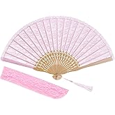 choyaxo Lace Handheld Chinese Folding Fan Bamboo Silk Folding Fan for Women Wedding Decoration Dancing Party,Pink