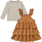 grehava Toddler Girls 2-Piece Ruffle Tiered Overalls Dress with Striped Top, Ages 2-5, Casual Spring/Fall Outfit