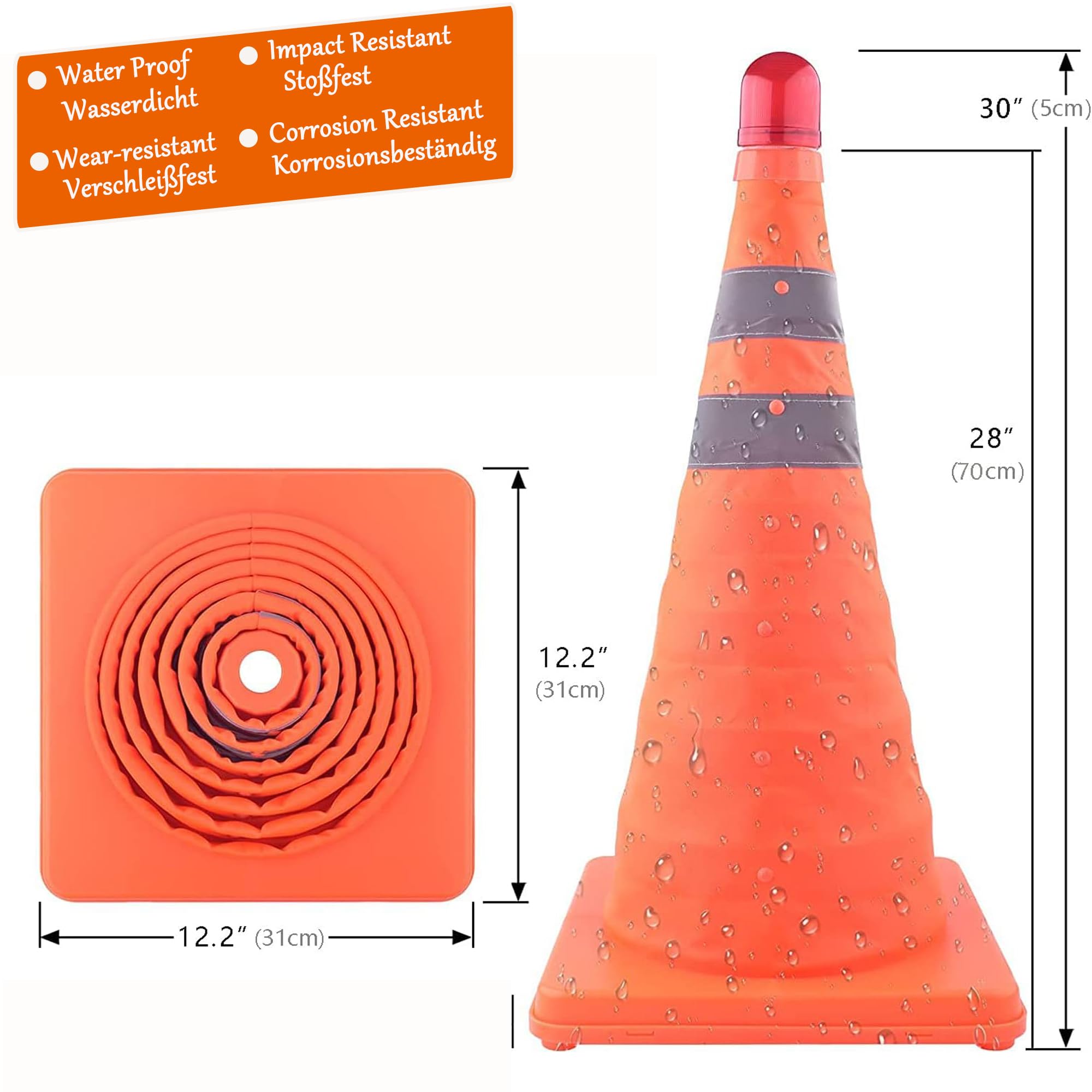 GUARDLEAD Warnkegel 4er Set, 70cm Reflektierender Verkehrskegel mit Warnleuchte, Orange Verkehrsleitkegel Pylone Faltbar, Faltbar Leitkegel für Straße Sicherheit (4, 70cm) 4