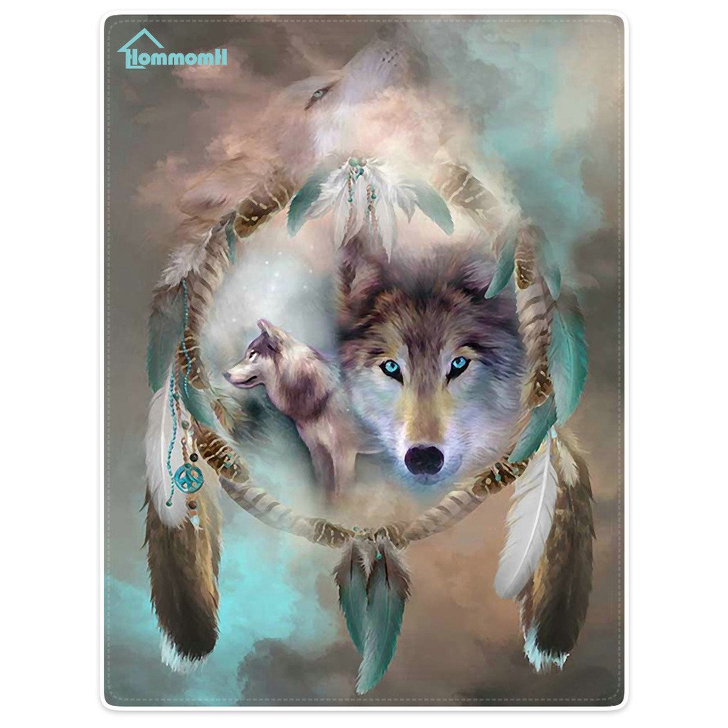 HommomH 60" x 80" Blanket Comfort Warmth Soft Cozy Air Conditioning Easy Care Machine Wash Cool Wolf Dream Catcher